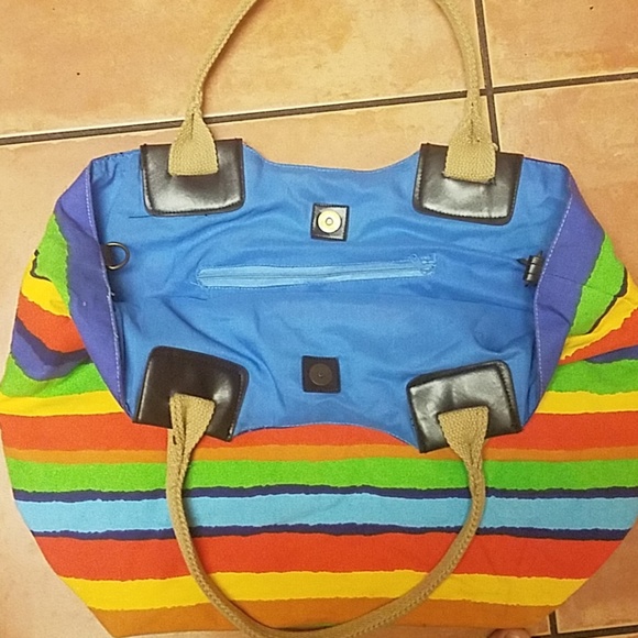 Large Rainbow Striped Coth Lined Beach Bag Tote - Picture 2 of 3